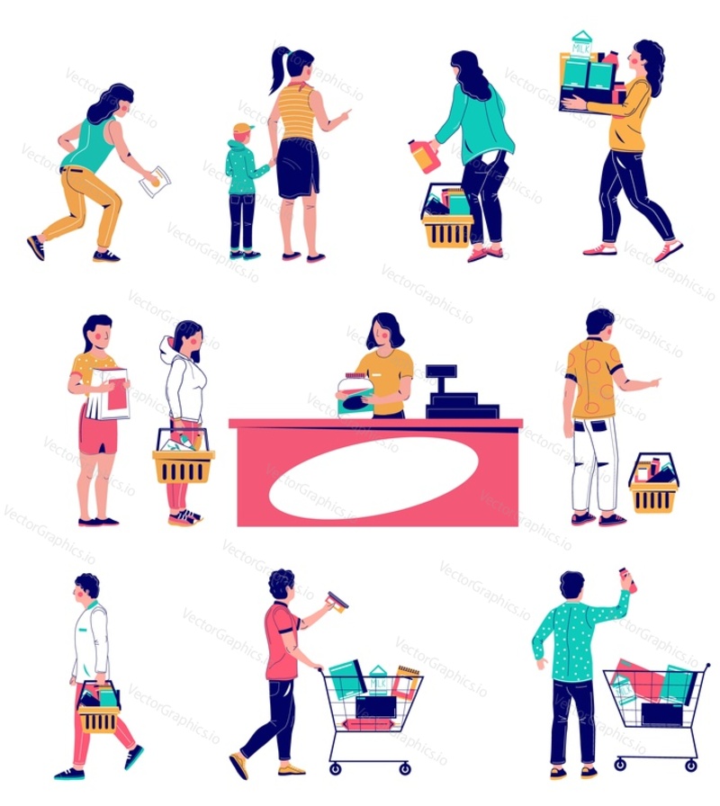 Supermarket customers, vector flat isolated illustration. Shoppers male and female characters with shopping carts and baskets, cashier standing at cash register. Happy buyers shopping in market, store