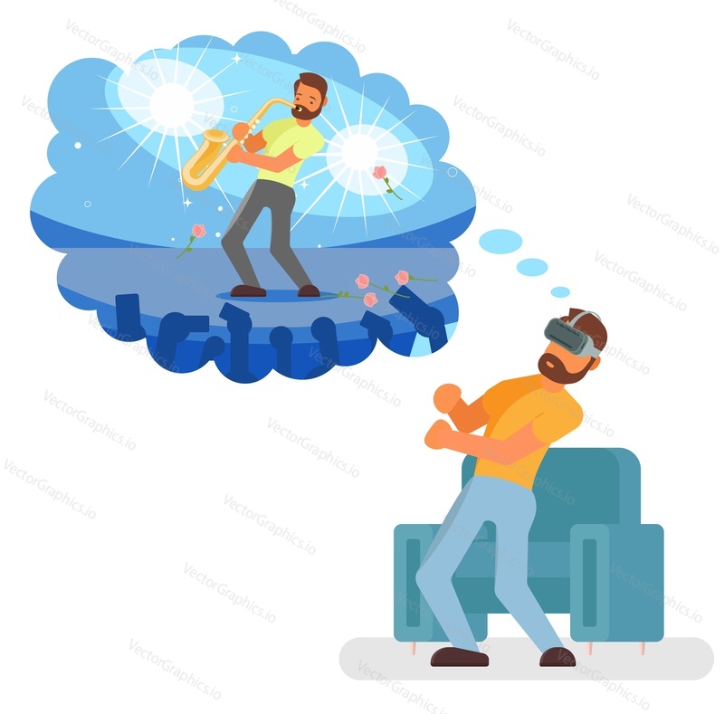 Man playing virtual saxophone in vr glasses, flat vector isolated illustration. Virtual reality technologies.