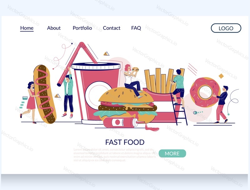 Fast food vector website template, web page and landing page design for website and mobile site development. Micro male and female characters with big hot dog, burger, french fries, soda, donut.