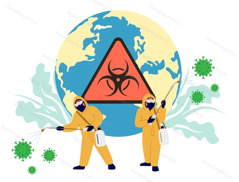 Global coronavirus pandemic, vector flat illustration. People in full hazmat suits cleaning planet Earth from coronavirus pathogen germs with disinfectant. Covid-19 respiratory disease prevention.
