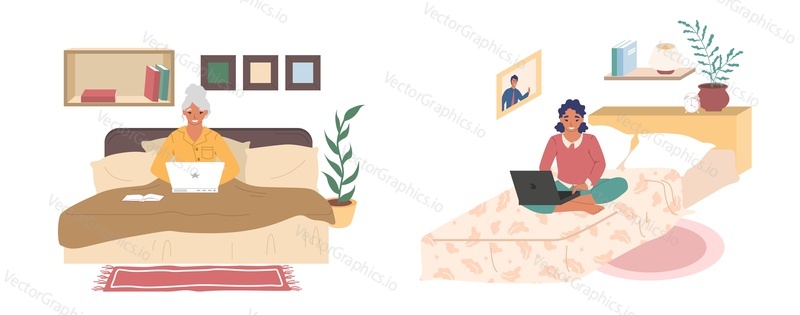 Young and senior women sitting on their beds with laptop computers, flat vector illustration. Bedroom interior, female characters working remotely from home, chatting, surfing the net, studying online