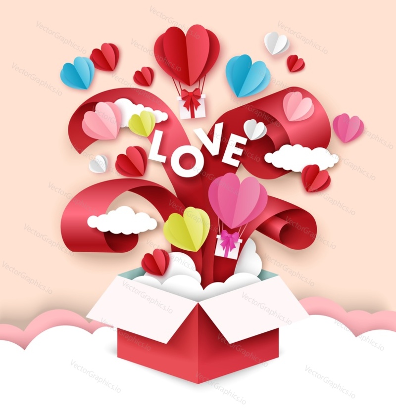 Open love gift box with hearts, hot air balloons, ribbons flying out of it. Vector illustration in paper art craft style. Romantic love. Happy Valentines Day greeting card, poster, banner template.