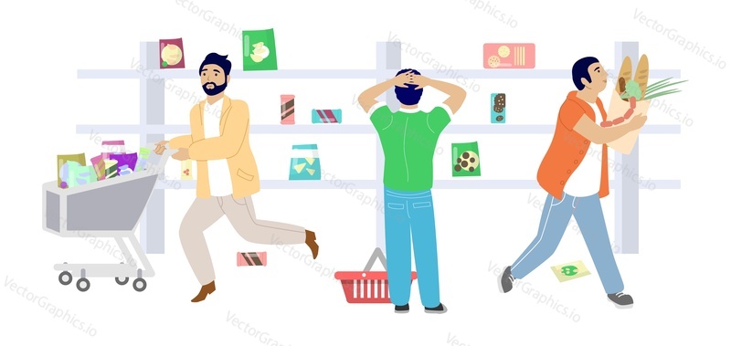 Coronavirus panic buying, vector flat illustration. Anxious male characters wearing medical masks emptying shelves in supermarket or grocery store. Food shortage fear, stop panic buying concept.