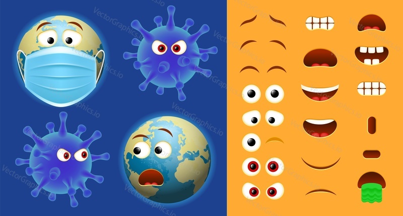 Emoji virus creator pack, vector illustration. Face parts for coronavirus emoticon constructor. Dangerous corona virus emoji character for instant messaging, chat, social media communication.