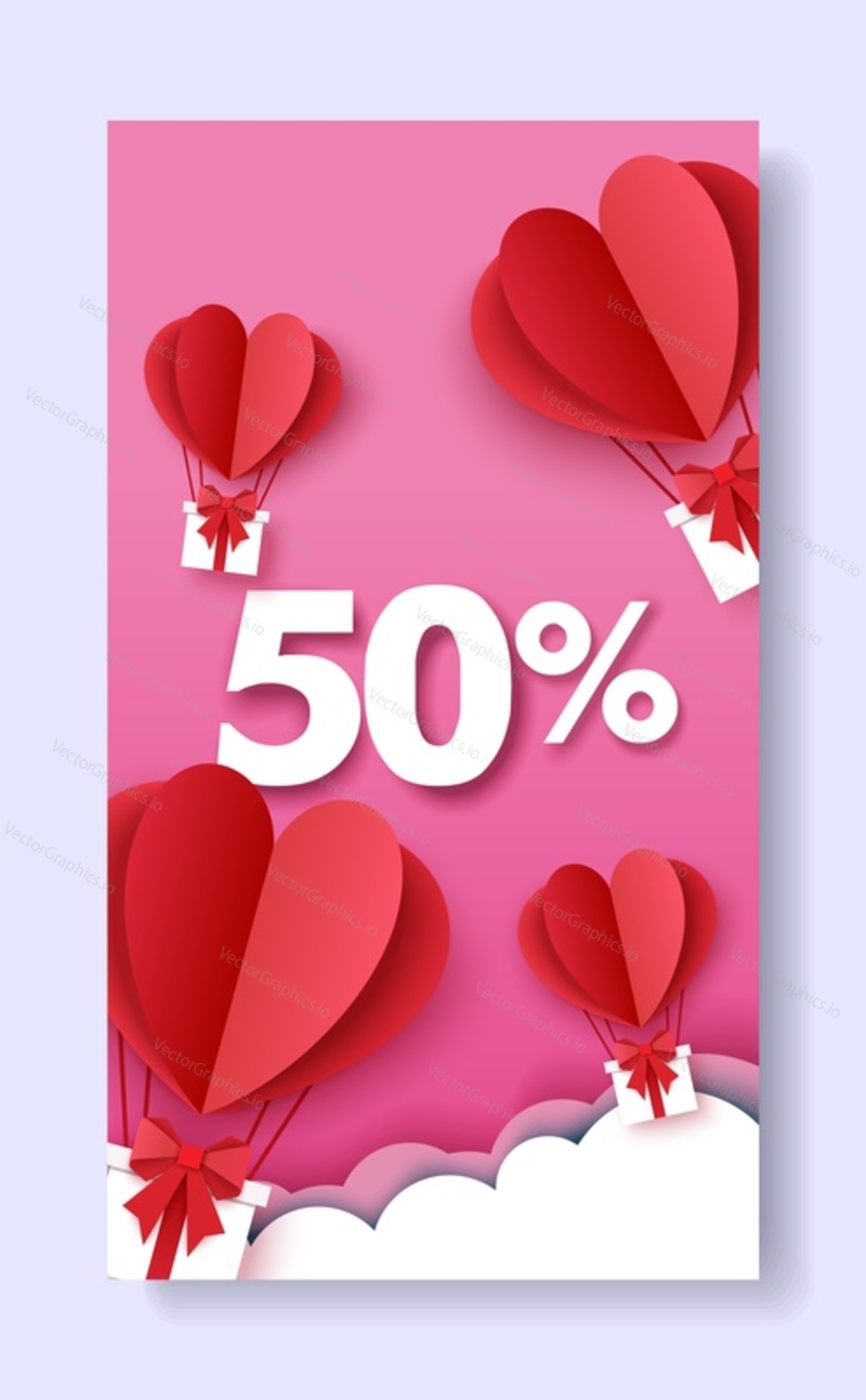 Valentines Day sale and discount social media story, post vector template. Paper cut craft style heart shape hot air balloons flying in the sky. Creative composition for poster, banner, cover, card.