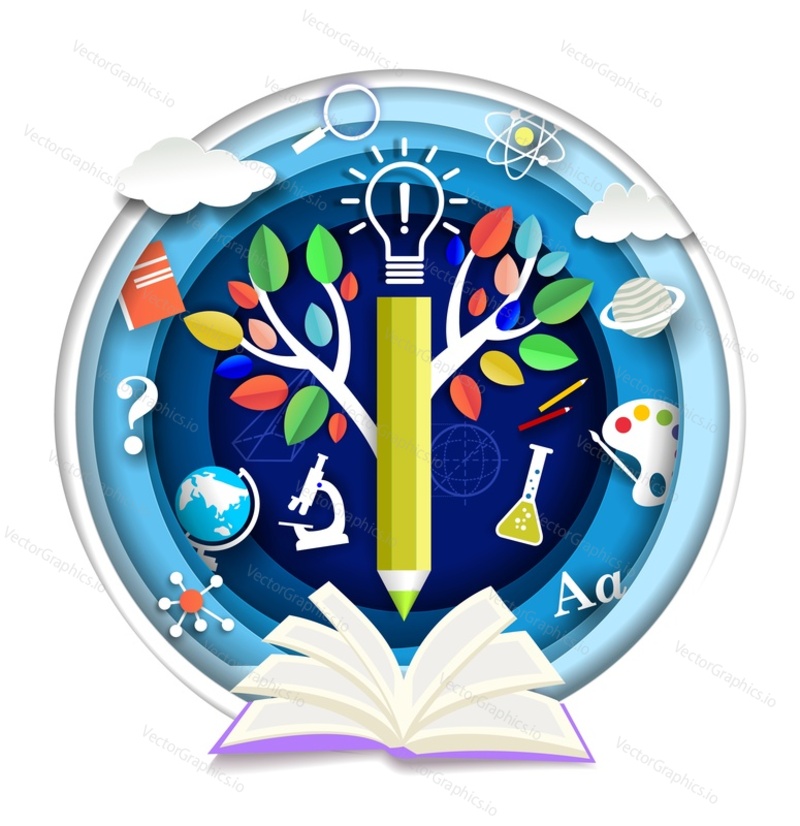 Paper cut open book, tree of knowledge, pencil, science and school subjects symbols. Vector illustration in paper art craft style. Knowledge and education concept.