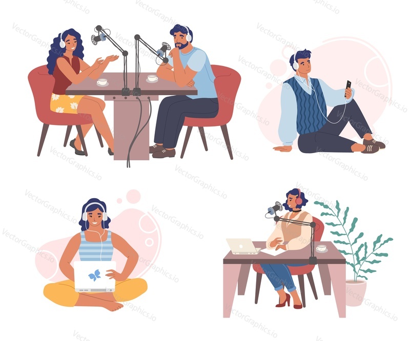 Radio podcast set, vector flat isolated illustration. People creating podcast in studio and listening to audio programs on smartphone and laptop computer. Podcasting, online radio.
