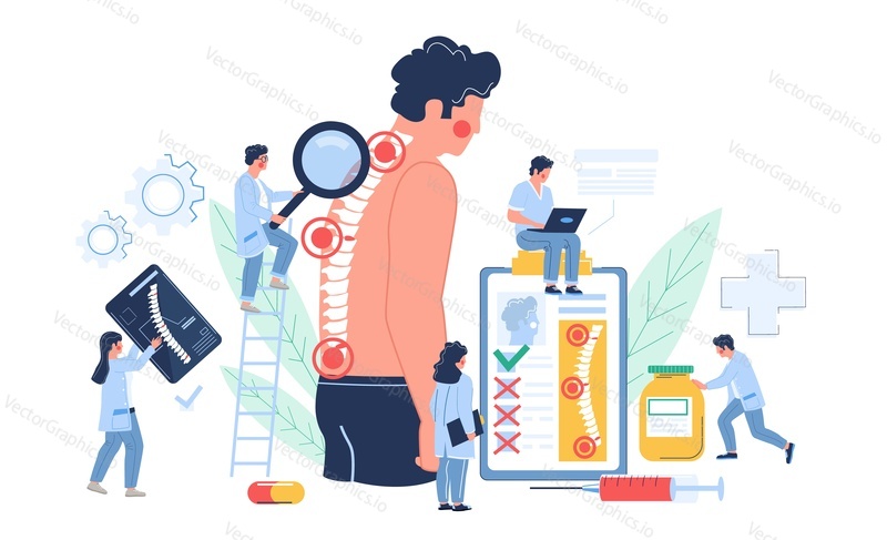 Osteopathy session and treatment. Man suffering from spine pain visiting osteopath, flat vector illustration. Tiny doctor characters examining patient vertebra. Osteopathic physician consultation.