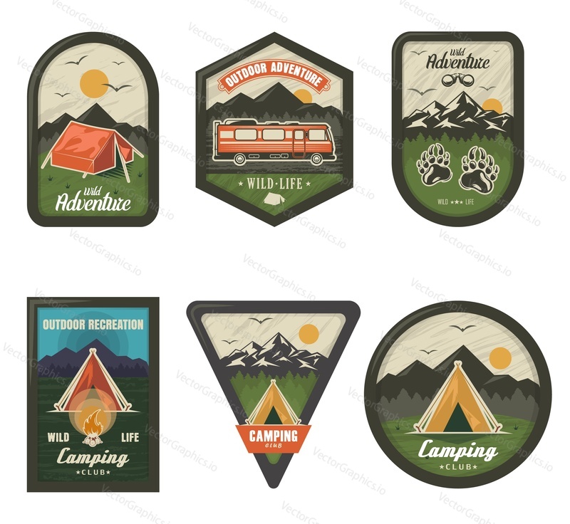 Camping club vintage logo, badge, emblem set, vector illustration isolated on white background. Wild adventure, outdoor recreation, summer camping labels.