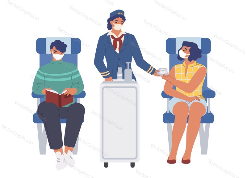 Stewardess and passengers wearing face masks for coronavirus Covid-19 protection on board the aircraft, flat vector illustration. New antiviral flight rules, new normal of air travel, safe flight.