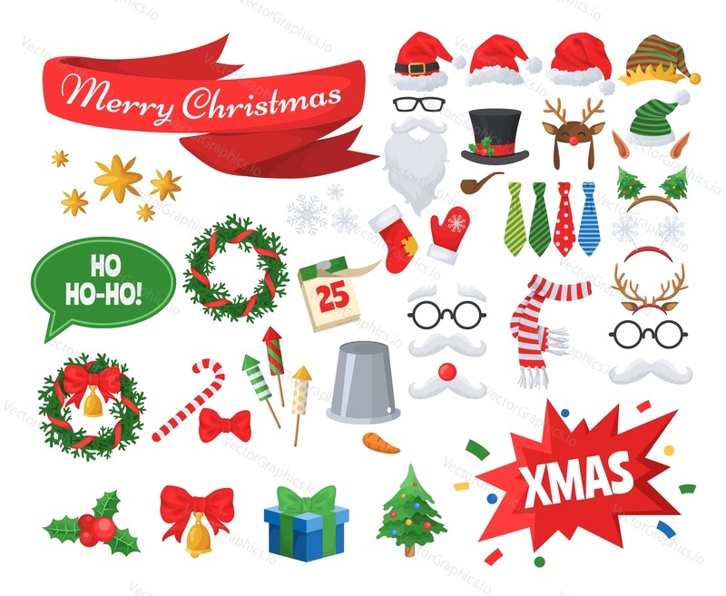 Christmas photo booth props, party decoration set, flat vector isolated illustration. Santa hat, beard, glasses, gift box, Christmas stocking, tree, wreath, holly berry, mitten, candy cane headband.