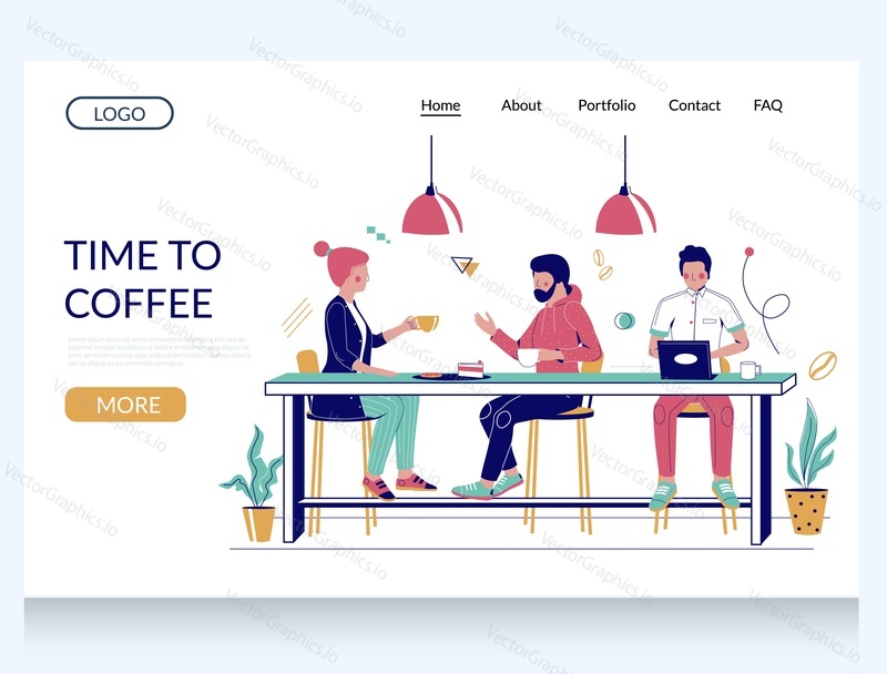 Векторный шаблон веб-сайта Time to coffee, дизайн веб-страницы и целевой страницы для разработки веб-сайтов и мобильных сайтов. Счастливая пара с кофейными чашками сидит за столом и разговаривает друг с другом в кафе.