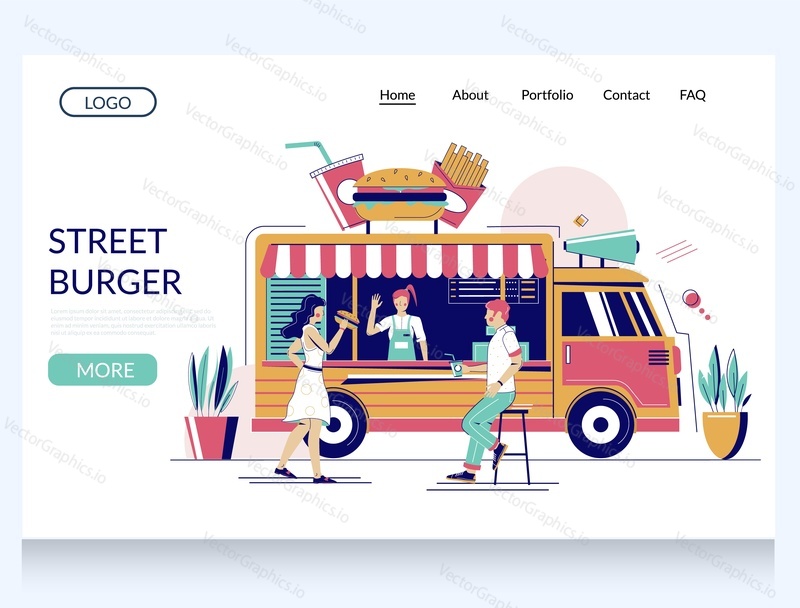 Street burger vector website template, web page and landing page design for website and mobile site development. Fast food truck with big burger on roof, street food van.