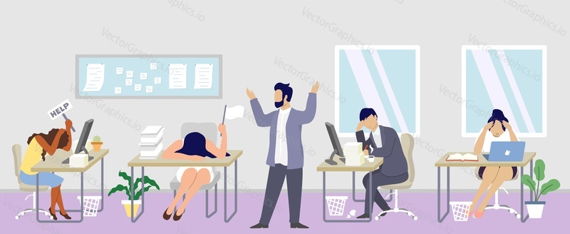 Professional burnout syndrome concept vector flat illustration. Boss with his team characters feeling burned out at work. Exhausted, tired people at workplace. Job burnout, physical and mental health.