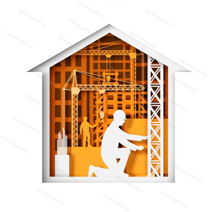 Paper cut craft style house with construction workers, tower cranes, city buildings silhouettes, vector illustration. Construction site, building industry.