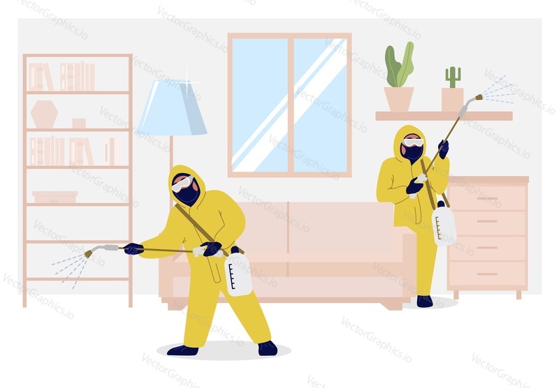 Home pest control services, vector flat illustration. Exterminator team spraying living room with insecticide to rid home of insects or rodents. Domestic disinfection, insect control concept.