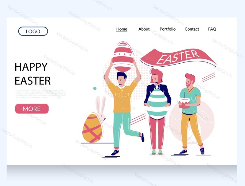 Happy Easter vector website template, web page and landing page design for website and mobile site development. Happy people celebrating Easter festival holiday with cake and big painted eggs.