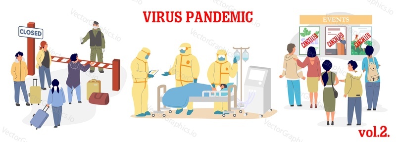 Virus epidemic vector illustration. Coronavirus respiratory disease prevention. Closed borders, ICU room and doctors in protective suits, quarantine and canceled events. Corona virus pandemic