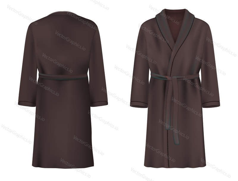 Black bathrobe mockup set, vector illustration isolated on white background. Realistic soft terry bathrobe or dressing gown for spa and bathroom, front and back view.