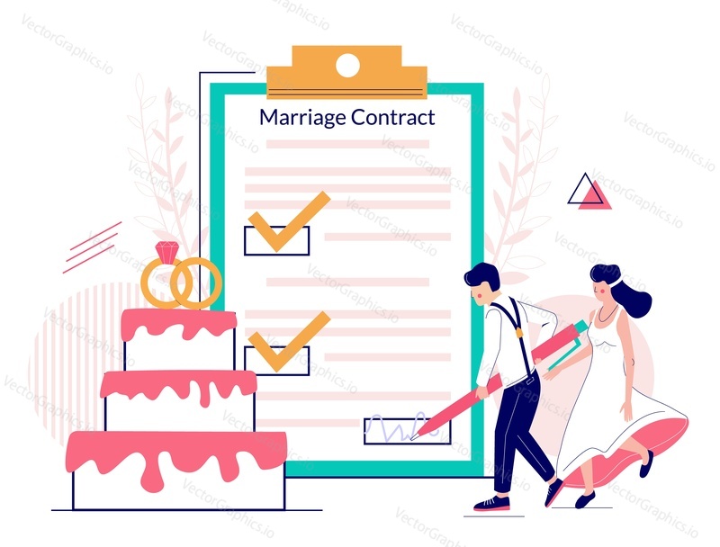 Bride and groom signing marriage contract, vector flat Illustration. Happy couple getting married and signing marriage contract or prenuptial agreement form with check marks on huge clipboard.