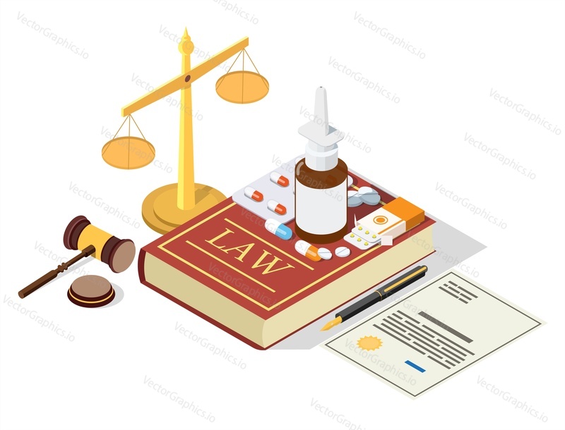 Isometric medicine drugs on the Law book, scales of justice, judge gavel, flat vector illustration. Medical, pharmaceutical law.