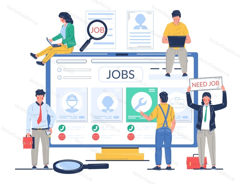 Job search vector concept flat style design illustration. Huge computer and tiny characters looking for vacancy job online. Human resources, employment, hiring.