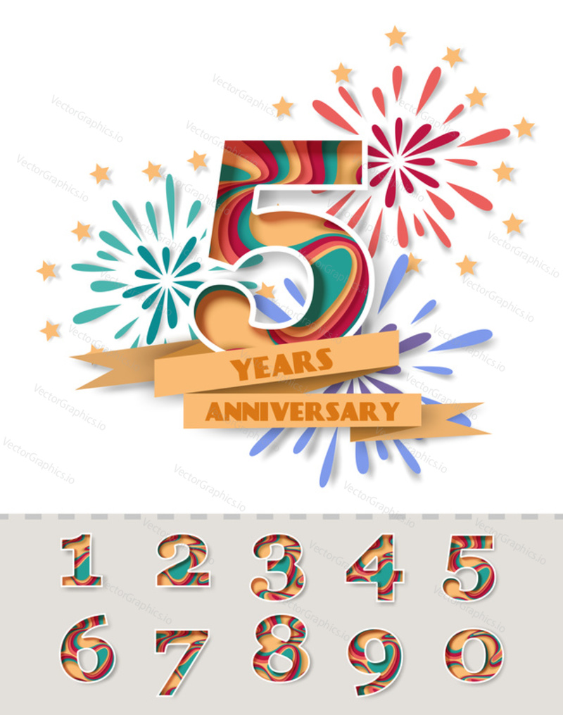 Vector layered paper cut style number 5, numbers from 0 to 9, ribbon with text, party celebration fireworks. 5th year anniversary invitation, greeting card, poster template.