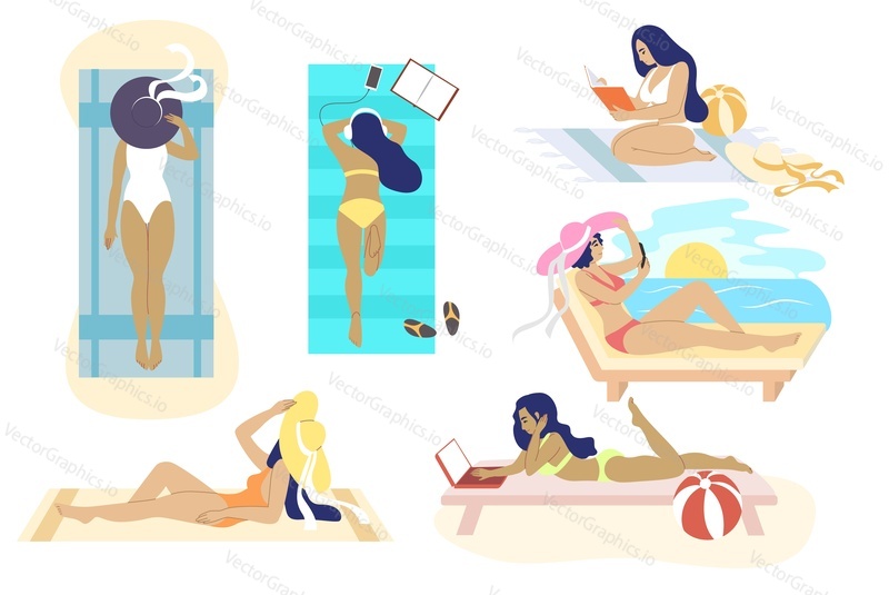 Pretty girls in swimsuits sunbathing on beach, vector flat isolated illustration. Happy women relaxing, reading book, using laptop, taking selfie at the seaside. Beach girls enjoying summer vacation.