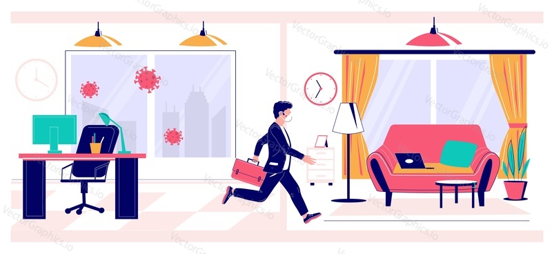 Businessman in face mask running away from office to home workplace to reduce the risk of becoming ill with corona virus, vector flat illustration. Remote work, self isolation, virus spread prevention