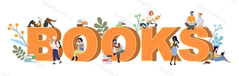 People readers students walking, sitting, lying and reading books, studying, preparing for exam, flat vector illustration. Books typography banner template. Bookstore, library, festival, hobby.