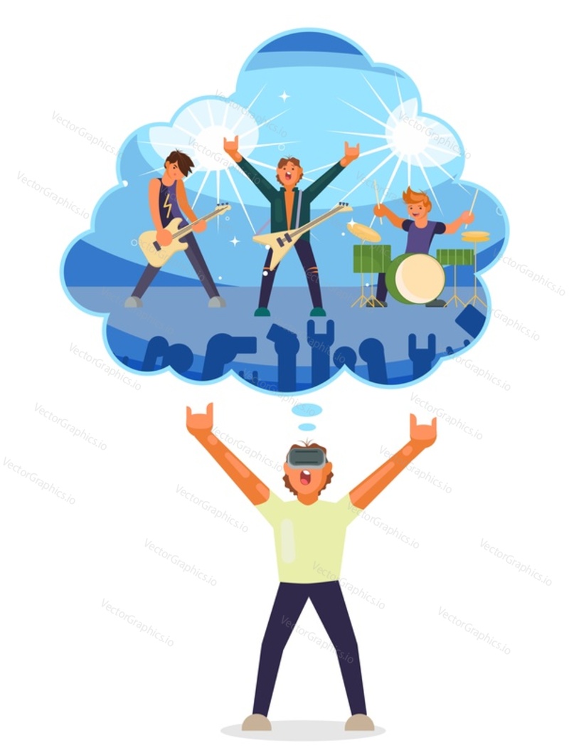 Boy playing virtual guitar in vr glasses together with rock music band, flat vector isolated illustration. Virtual reality technologies.