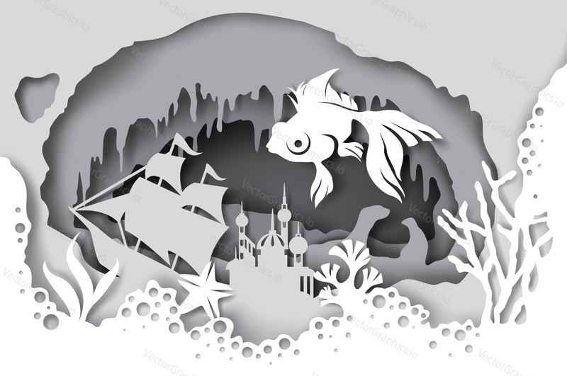 Vector layered paper cut style underwater sea cave with coral reef, fish, seaweed, sunken ship. Beautiful marine life in aquarium in paper art craft style. Underwater walking tour.