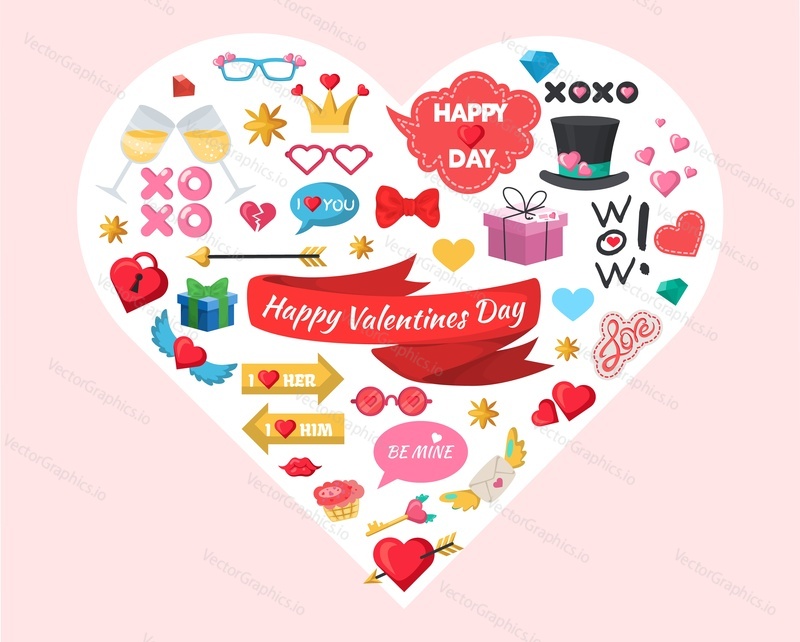 Happy Valentines Day party decoration, celebration accessories, stickers, flat vector illustration. Heart shape composition of Valentines Day photo booth props.