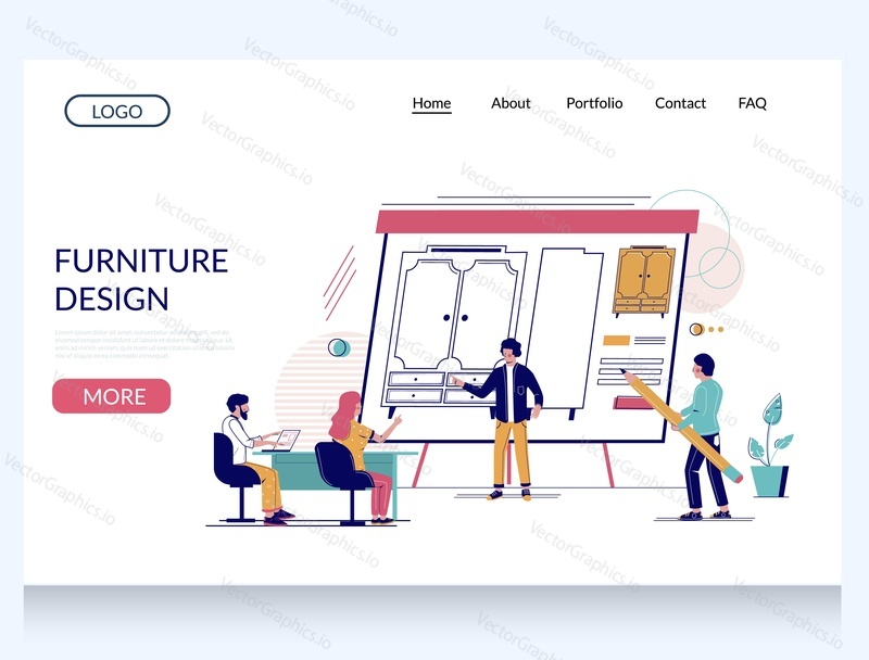 Furniture design vector website template, web page and landing page design for website and mobile site development. Professional designer team creating custom detailed wardrobe cabinet drawings.