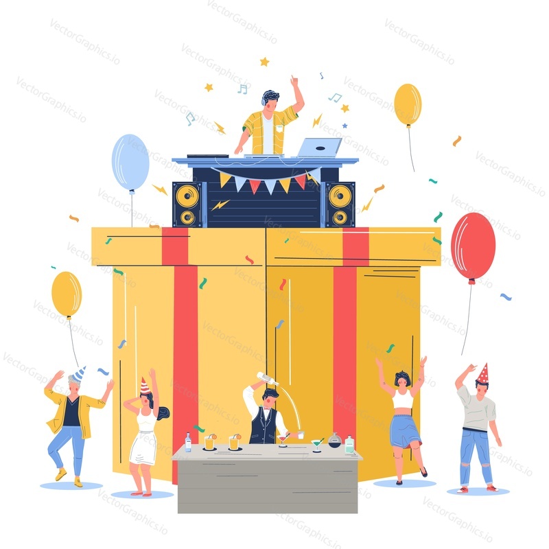 Group of people celebrating happy birthday, vector flat illustration. Big gift box, tiny characters dancing having fun. Barman making alcohol cocktail, dj playing music. Birthday dj dance disco party.