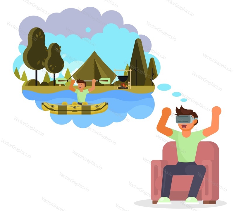 Young man in vr glasses rafting on virtual inflatable boat while sitting in armchair at home, flat vector isolated illustration. Virtual reality technologies.