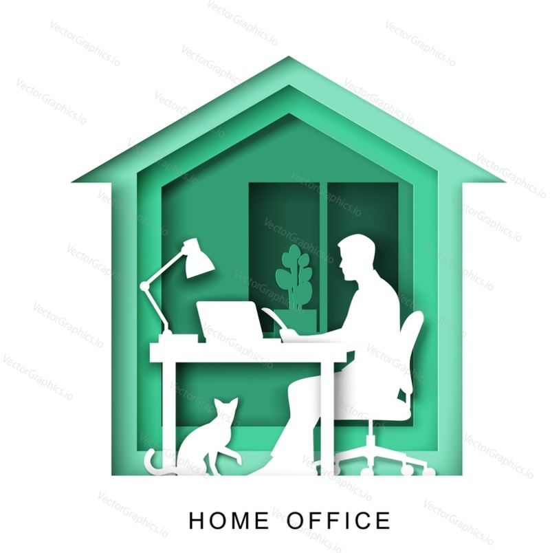 Freelancer man silhouette working on laptop sitting at table, vector illustration in paper art craft style. Home office, remote work, freelance.