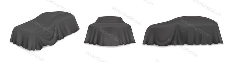 Car covered with black unveiling cloth, vector illustration isolated on white background. Realistic car reveal curtain for auto show, presentation event.