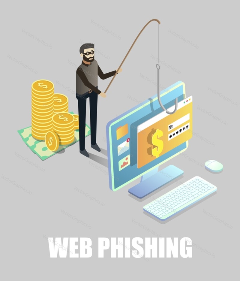 Web phishing. Isometric hacker, cyber thief hacking bank account credit card data from computer using fishing rod and hook, vector illustration. Internet phishing attack, fraud, cyber crime.