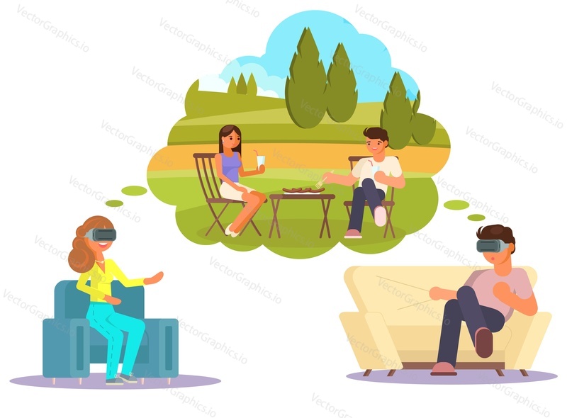 Happy couple in vr glasses having virtual outdoor picnic while sitting in armchairs at home, flat vector isolated illustration. Virtual reality date.