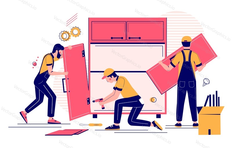 Workers carpenters, furniture installers or collectors team assembling wardrobe cabinet using hand drill tool, vector flat illustration. Furniture assembly service concept for web banner, website page