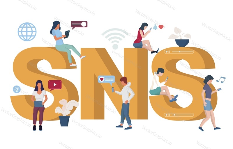 SNS, social networking service typography banner template, vector illustration. People using social media apps and sites for communication, watching video, listening to music, creating relationships.