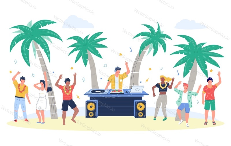 Beach party with dj playing disco music, flat vector illustration. Happy man and woman cartoon characters dancing to music on beach and having fun. Summer travel, tropical vacation, friendship.