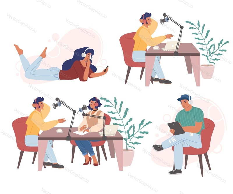 Radio podcast set, vector flat isolated illustration. Internet radio, podcast recording and listening concept with characters for poster, banner etc.