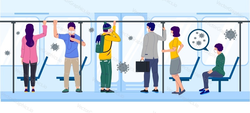 People in subway train using city transportation during corona virus pandemic, vector flat illustration. Shutting down or limiting mass transit to prevent corona virus disease COVID-19 spread concept.