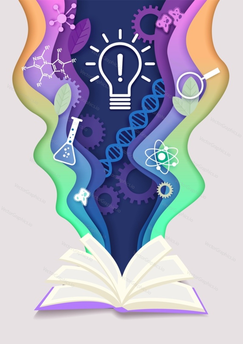 Vector layered paper cut craft style open book with innovation light bulb, dna helix, lab flask, other education and science symbols. Education and science learning concept creative composition.