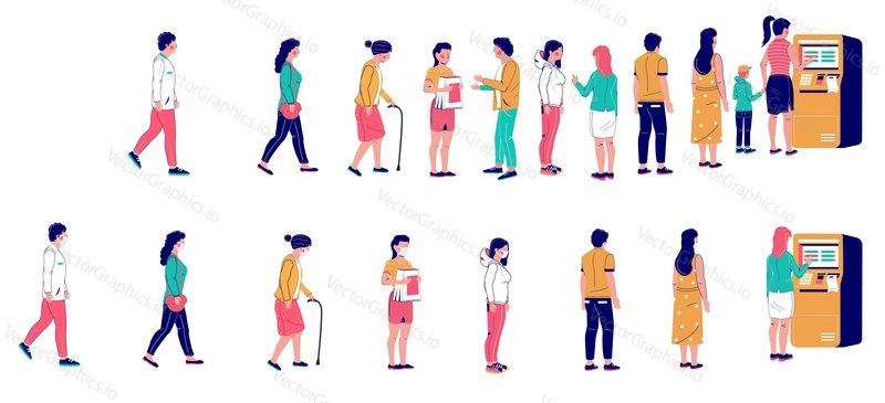 People waiting in line at the ATM machine, vector flat illustration. Long ATM queue. Customers standing right behind people in one line and keeping social distancing, wearing face masks in the other.