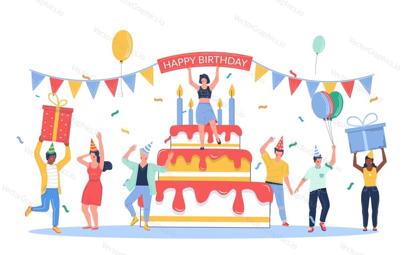 Group of business people celebrating happy birthday, vector flat illustration. Birthday party with friends, colleagues and big cake with candles, gifts.