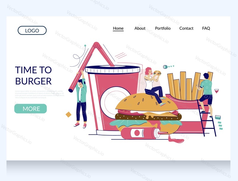 Time to burger vector website template, web page and landing page design for website and mobile site development. Micro male and female characters eating fast food burger, french fries, drinking soda.