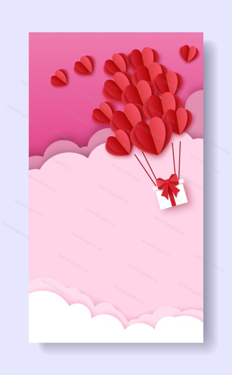 Valentines Day social media story, post, photo frame vector template. Paper cut heart shape hot air balloon with gift box flying high in the sky. Creative composition for poster, banner, cover, card.